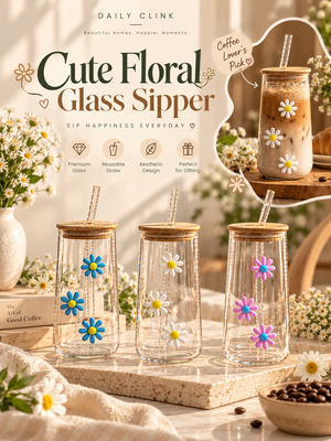 Cute Floral Glass Sipper with Bamboo Lid & Straw | Daily Clink 🌼