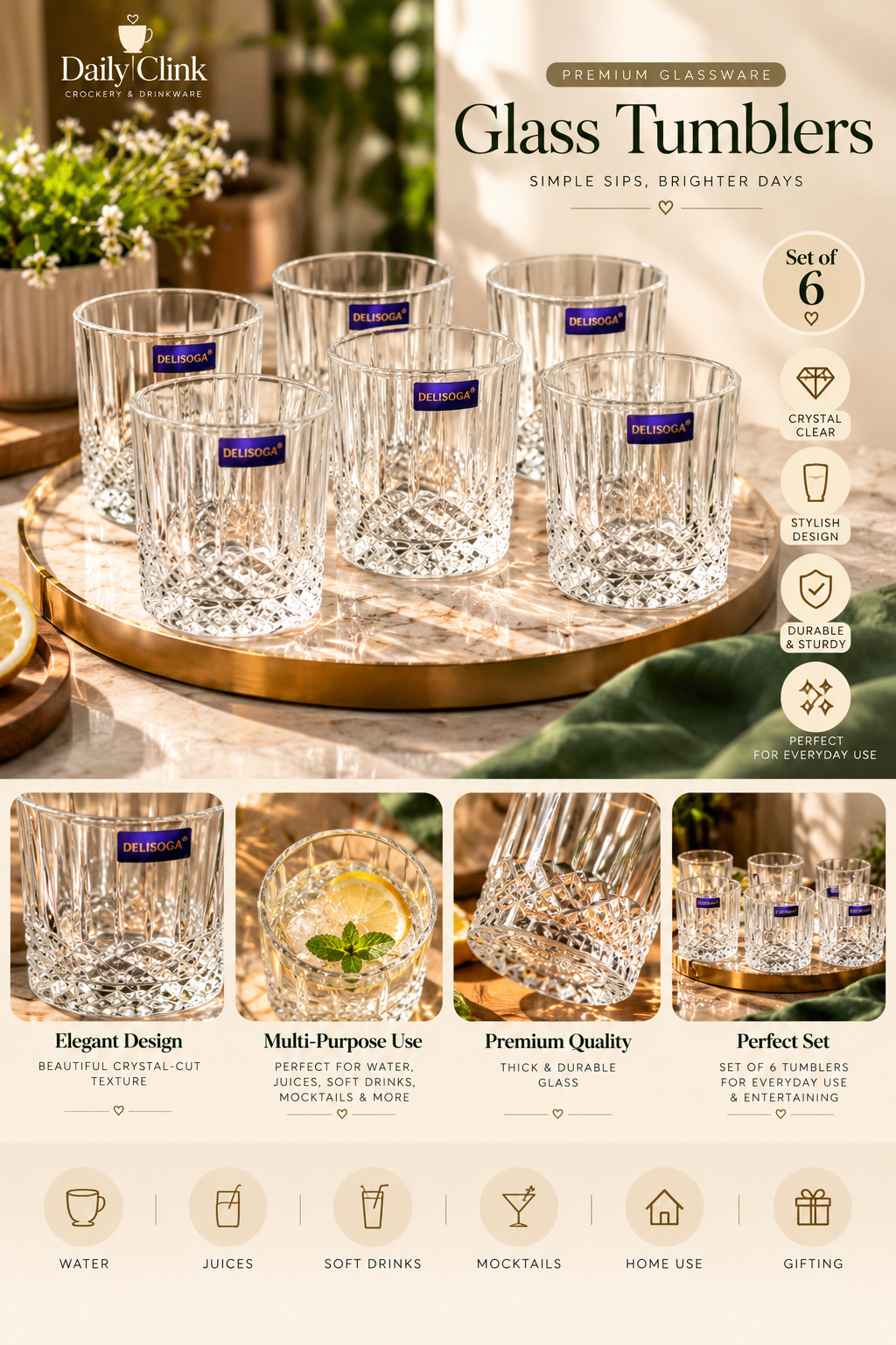 DSKB028-2 | Crystal-Cut Glass Tumblers 6-Piece Set ✨