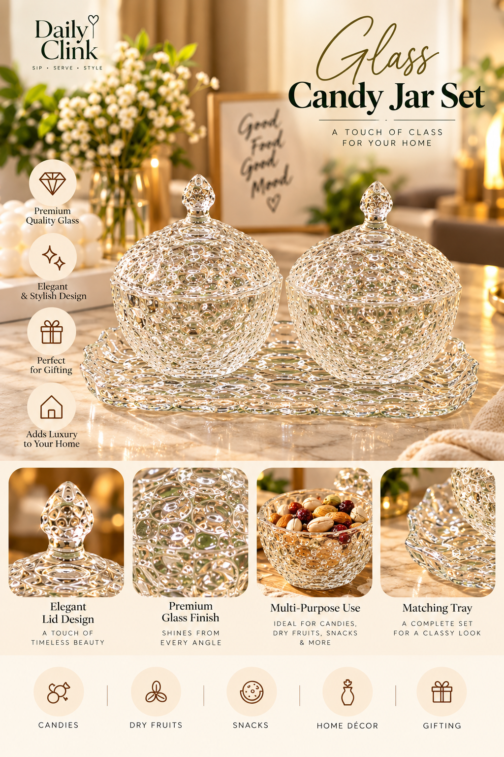 Glass Candy Jar Set with Matching Tray | Daily Clink ✨