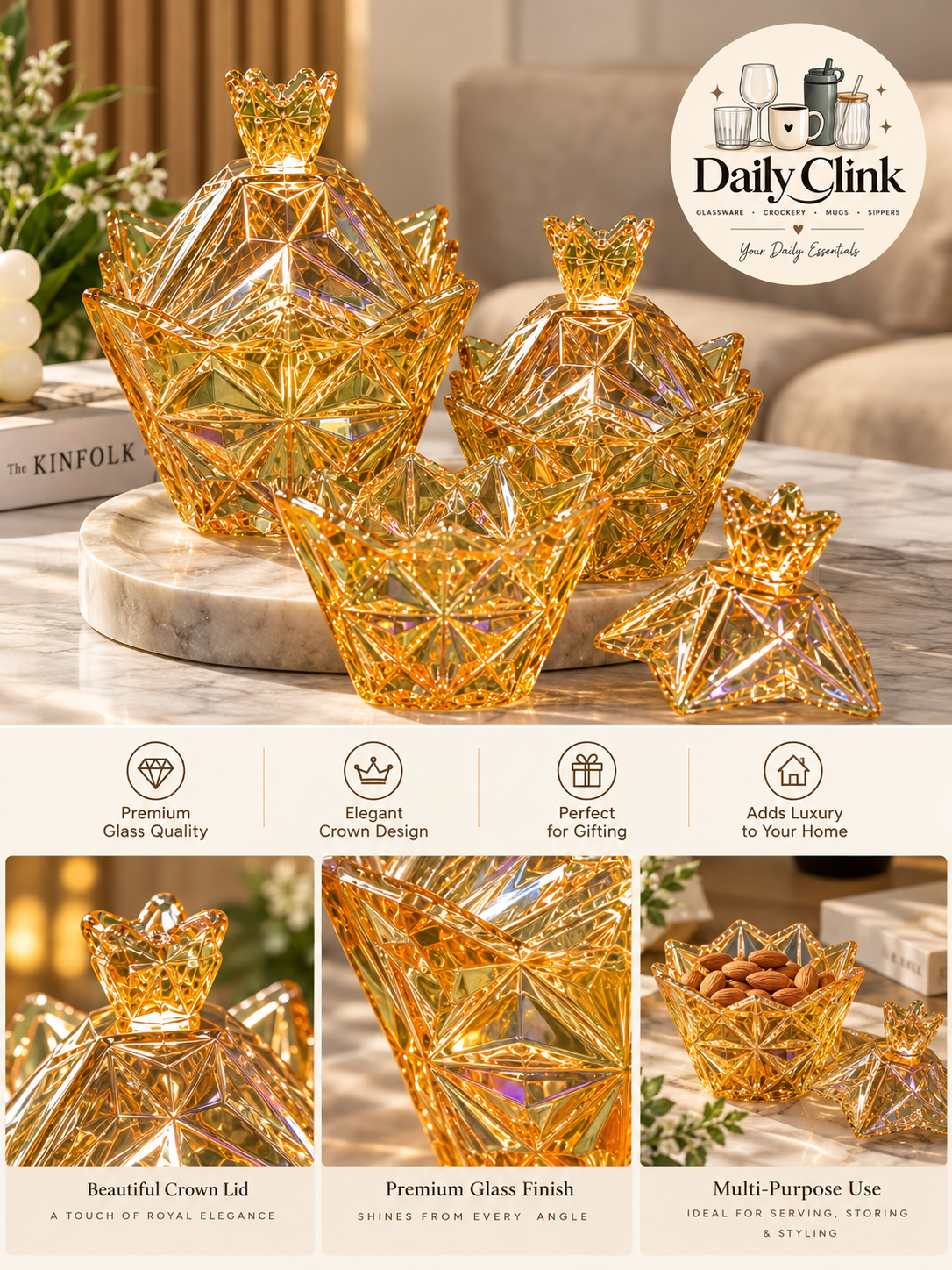 Crystal Cut Iridescent Glass Candy Jar with Crown Lid | Daily Clink