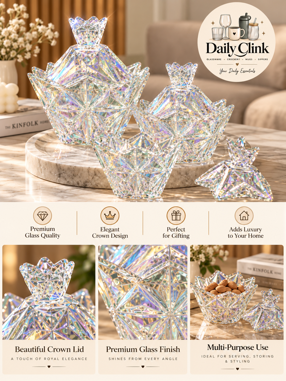 Crystal Cut Iridescent Glass Candy Jar with Crown Lid | Daily Clink