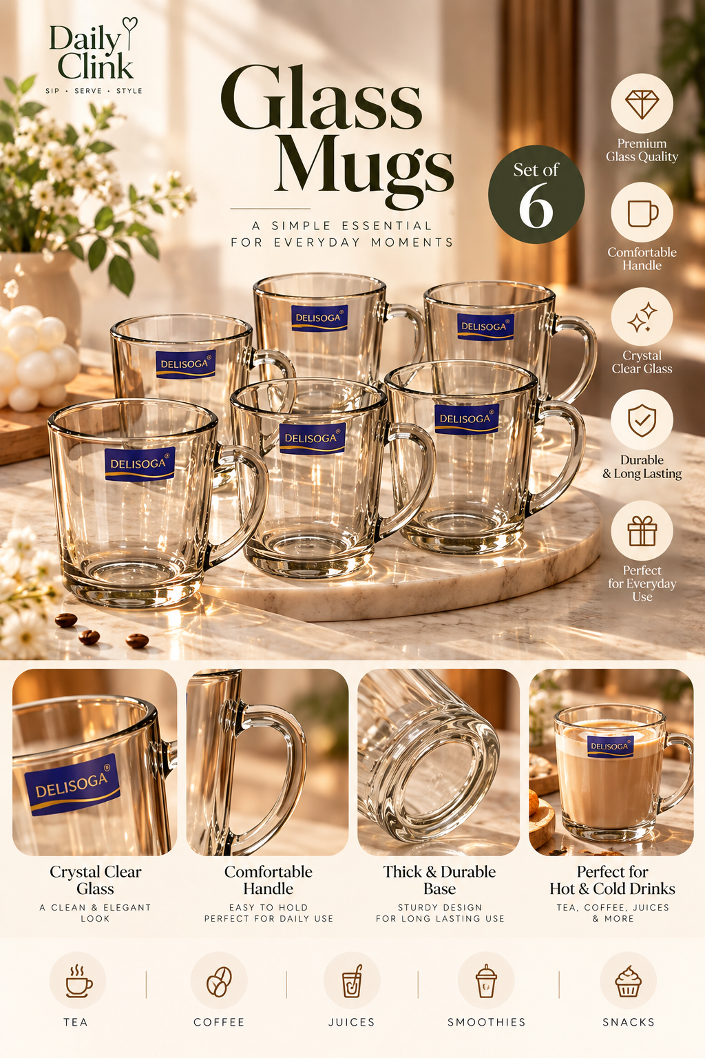 Crystal Clear Glass Mugs Set of 6 (240ml) | Daily Clink ☕