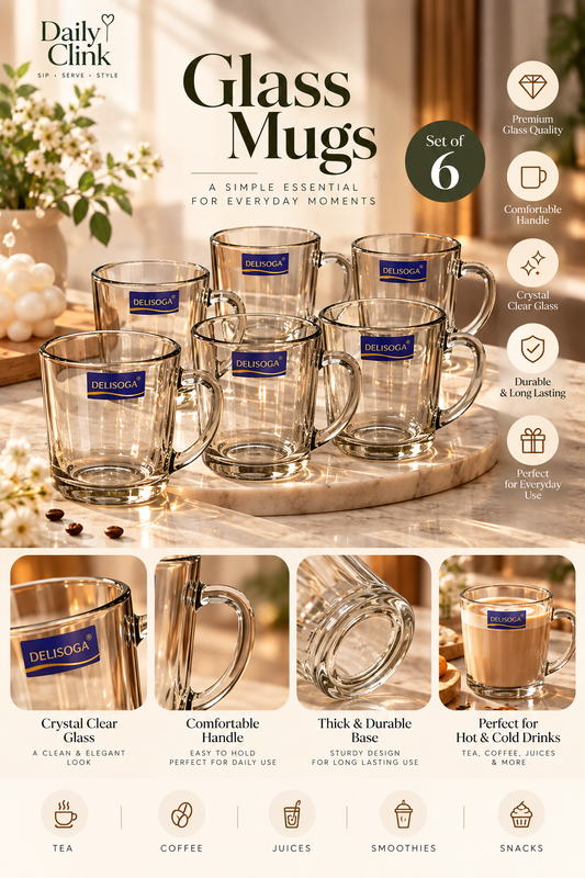 Crystal Clear Glass Mugs Set of 6 (240ml) | Daily Clink ☕