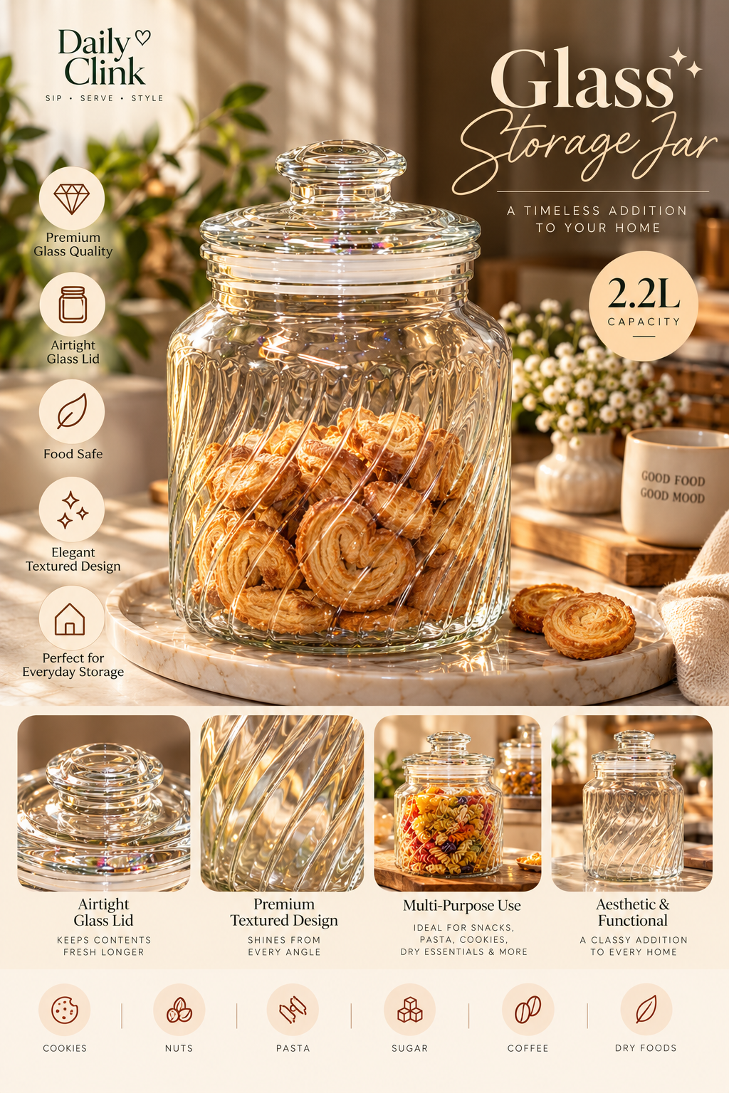 Daily Clink | Elegant 2.2L Glass Storage Jar