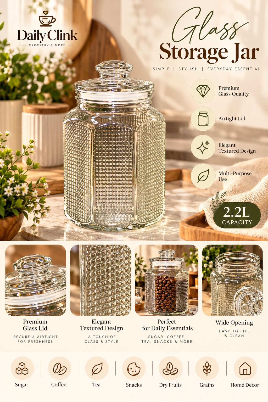Ribbed Glass Storage Jar 2.2L | DAILYCLINK
