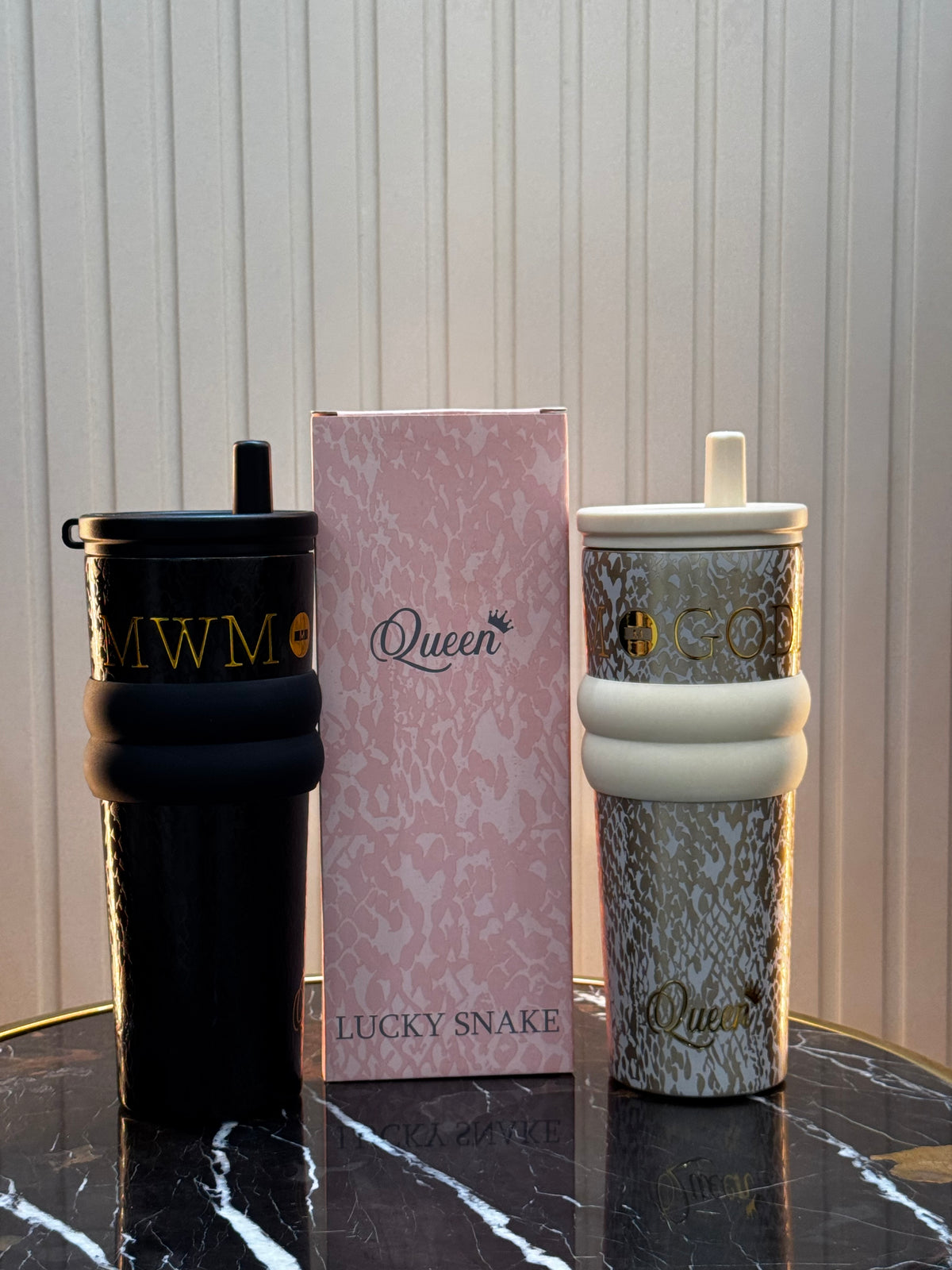Queen & MWM Premium Snake Print Tumbler with Lid & Straw | Daily Clink