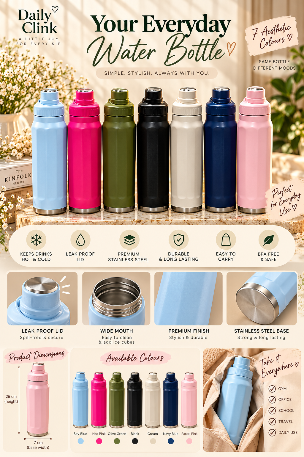 Daily Clink Premium Stainless Steel Insulated Water Bottle | 7 Colours 💧
