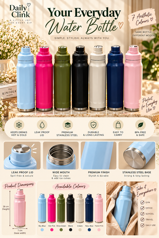 Daily Clink Premium Stainless Steel Insulated Water Bottle | 7 Colours 💧