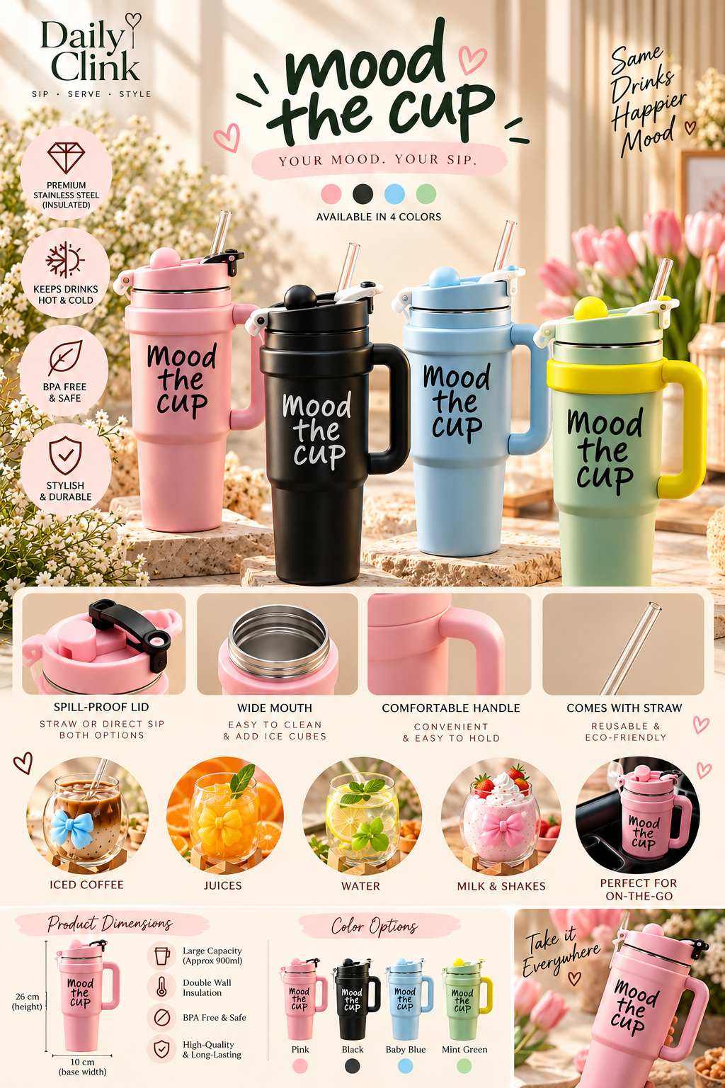 Mood the Cup Insulated Stainless Steel Tumbler with Handle – 900ml | Daily Clink