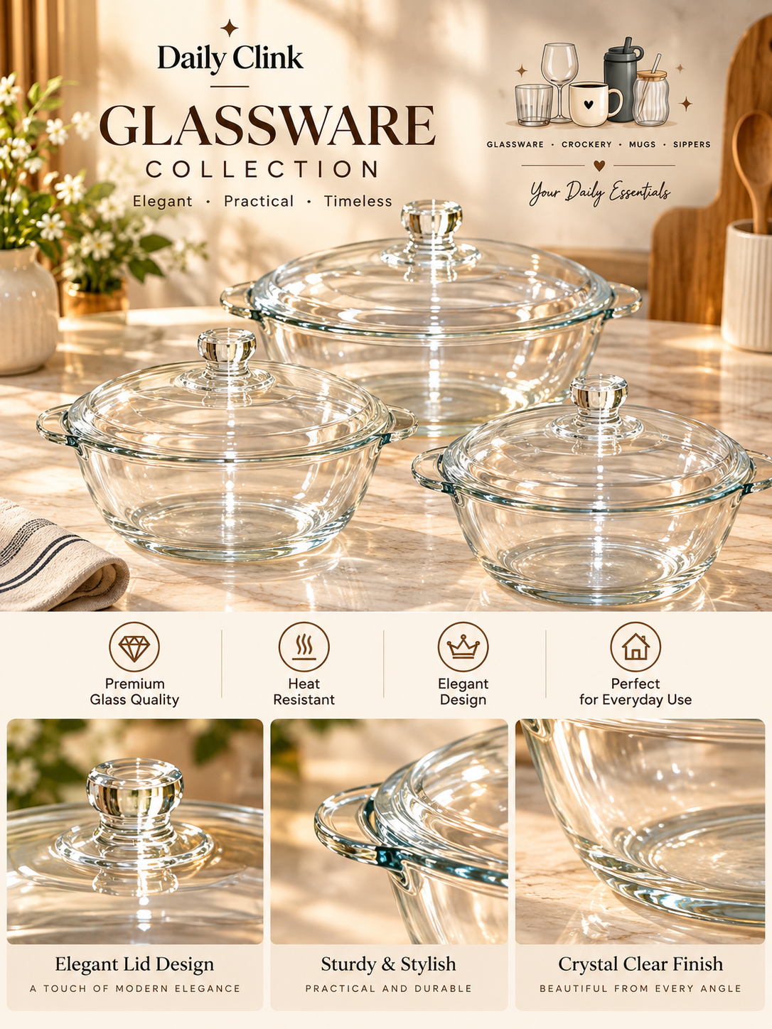 Clear|Black Glass Casserole Set with Lids | Daily Clink