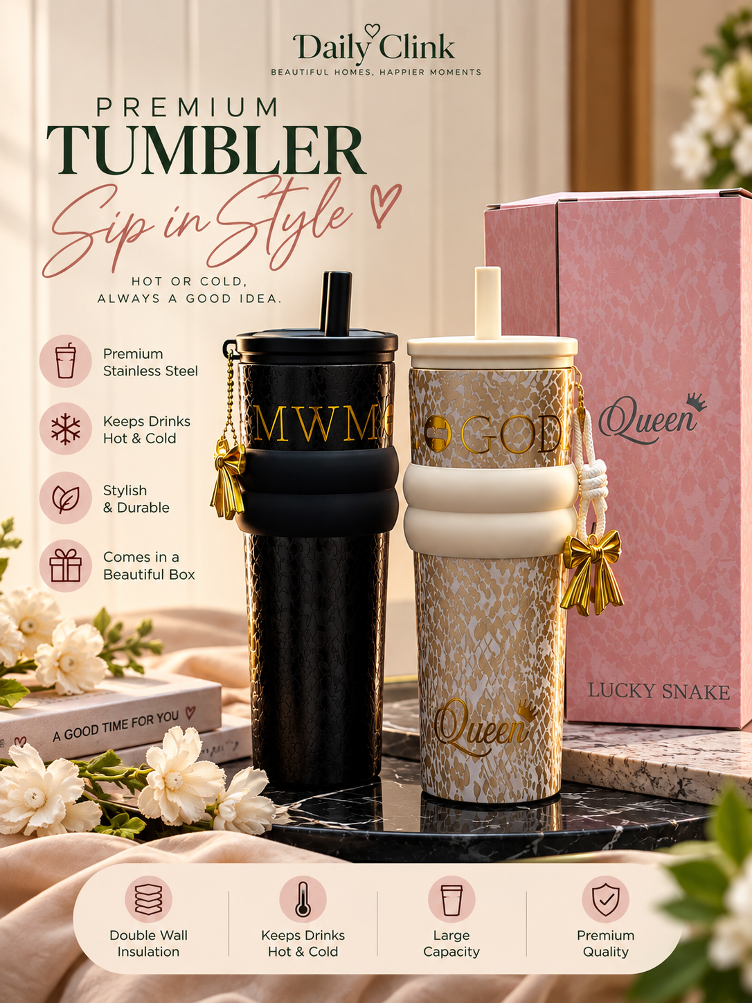 Queen & MWM Premium Snake Print Tumbler with Lid & Straw | Daily Clink