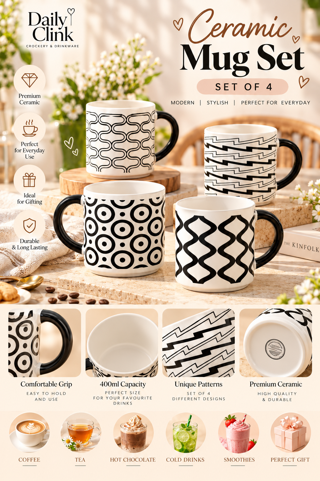 Everyday Ceramic Mug Set of 4 (400ml) | Daily Clink ☕
