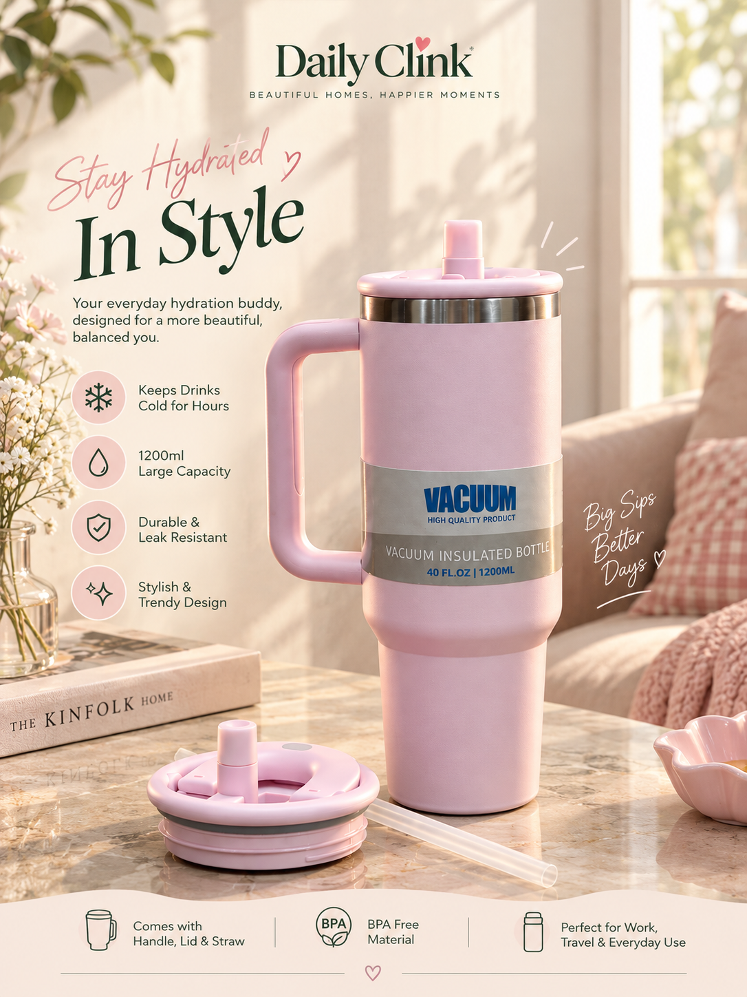 Daily Clink Pink Vacuum Insulated Tumbler with Handle & Straw – 1200ml (40oz) 🎀