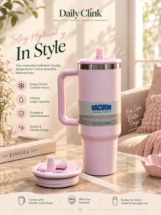 Daily Clink Pink Vacuum Insulated Tumbler with Handle & Straw – 1200ml (40oz) 🎀