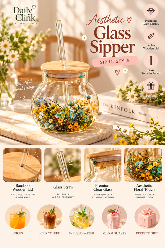 Aesthetic Floral Glass Sipper with Bamboo Lid & Glass Straw | Daily Clink