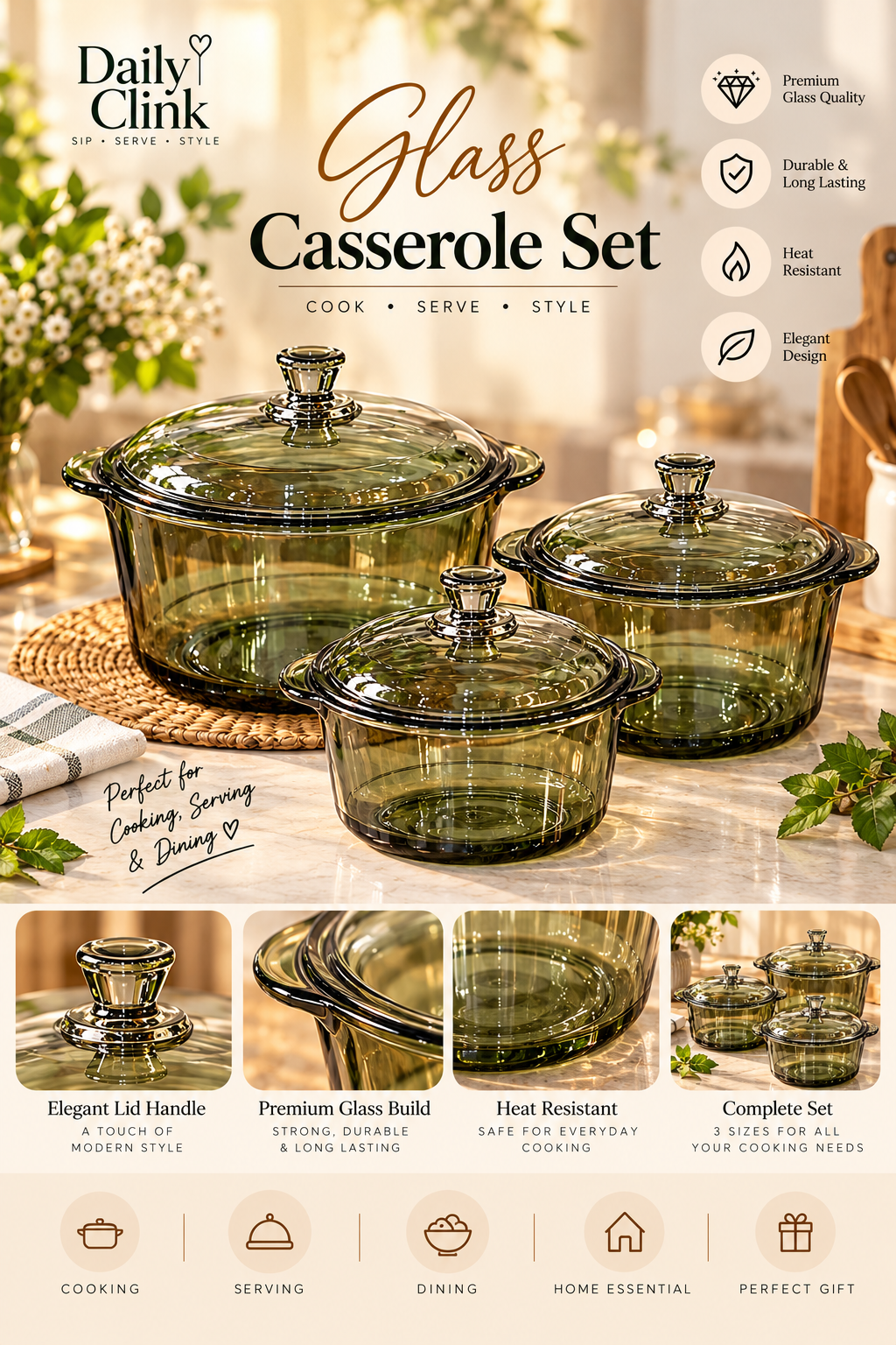 Clear|Black Glass Casserole Set with Lids | Daily Clink