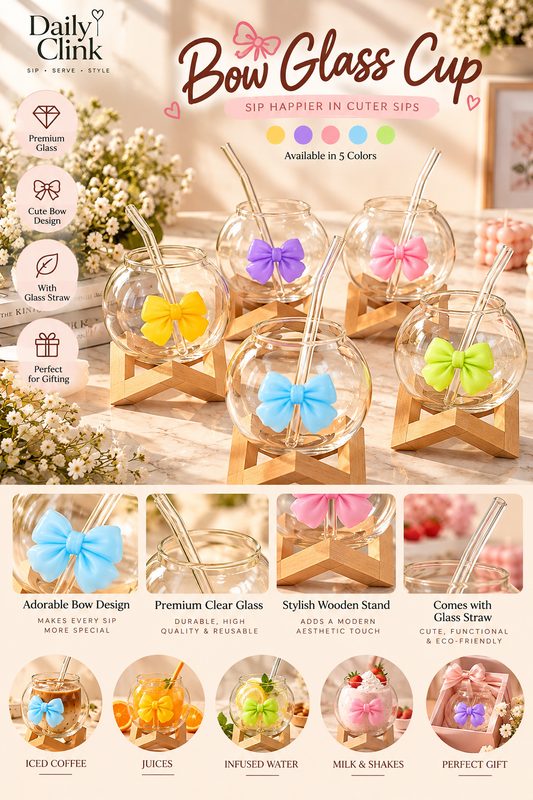Bow Glass Cup with Straw & Wooden Stand | Daily Clink