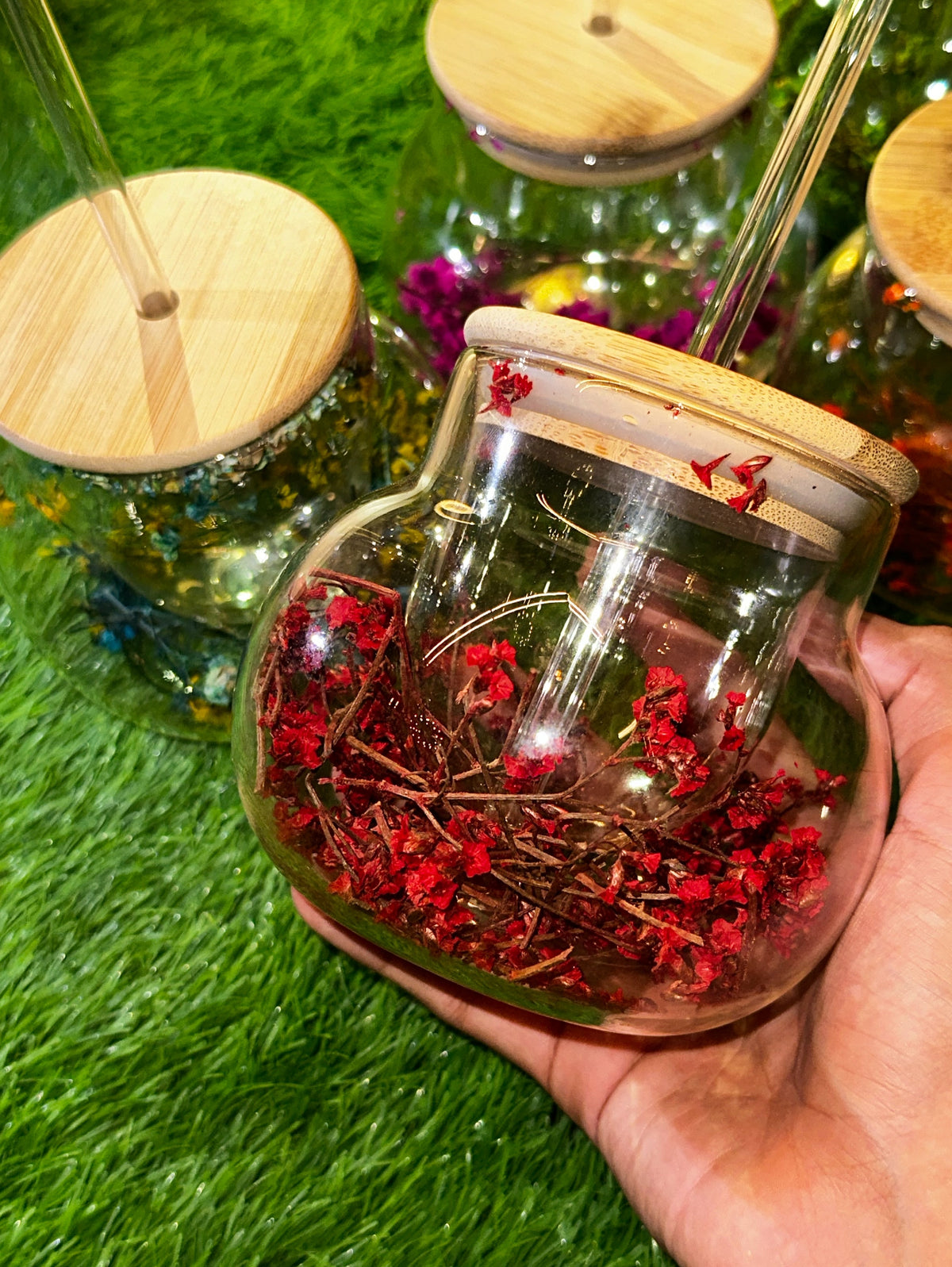 Aesthetic Floral Glass Sipper with Bamboo Lid & Glass Straw | Daily Clink