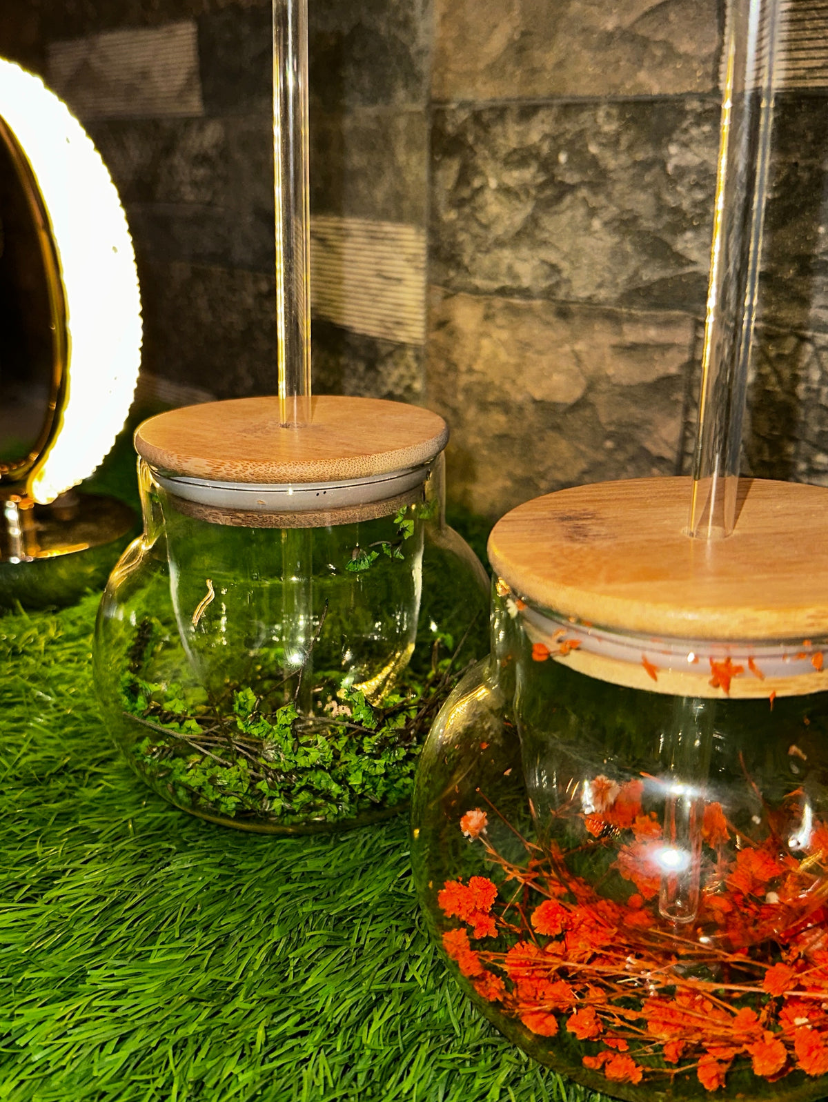 Aesthetic Floral Glass Sipper with Bamboo Lid & Glass Straw | Daily Clink