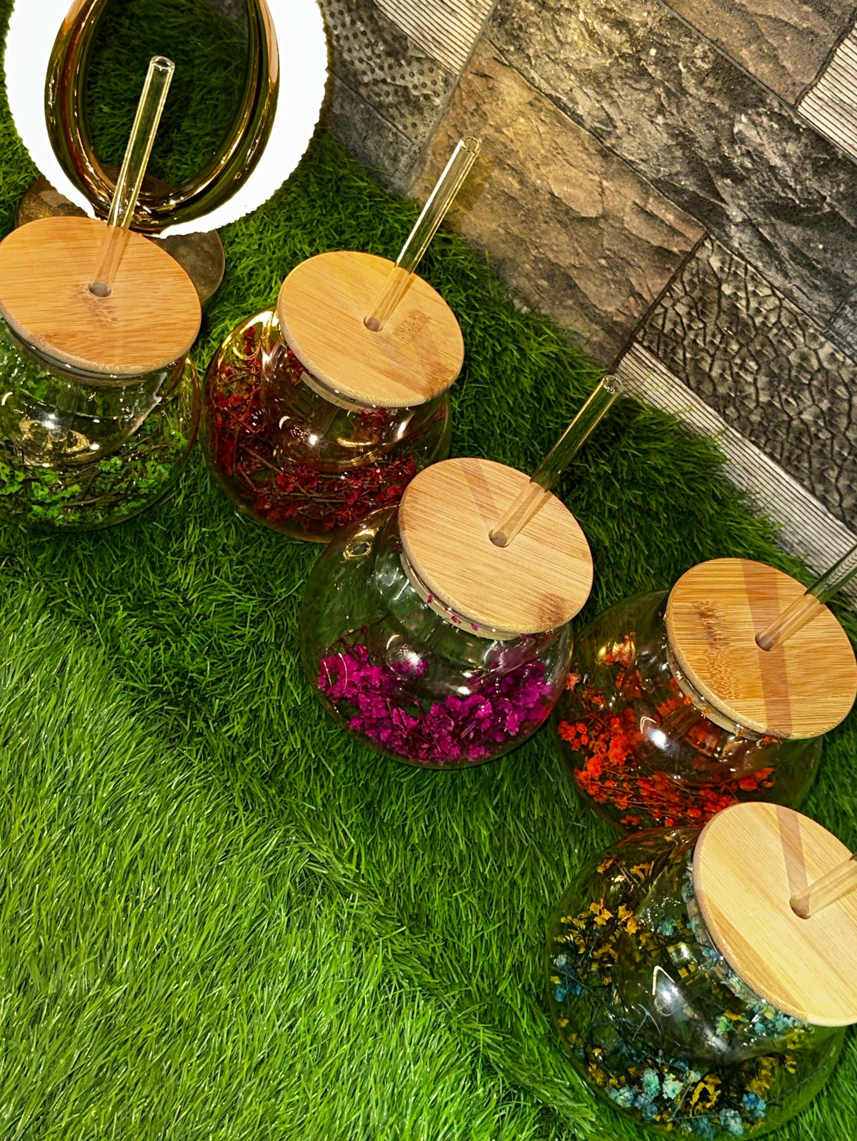 Aesthetic Floral Glass Sipper with Bamboo Lid & Glass Straw | Daily Clink