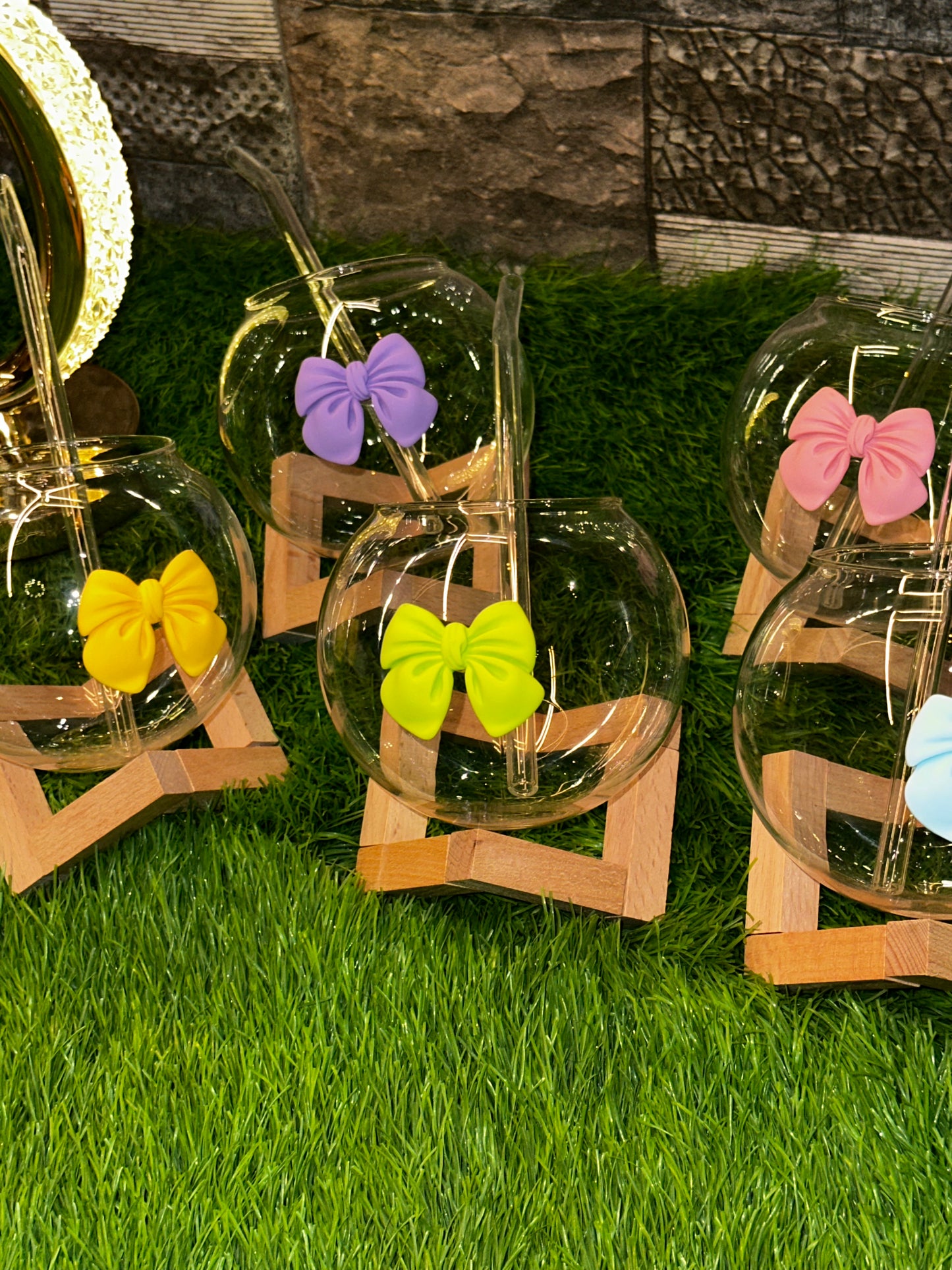 Bow Glass Cup with Straw & Wooden Stand | Daily Clink