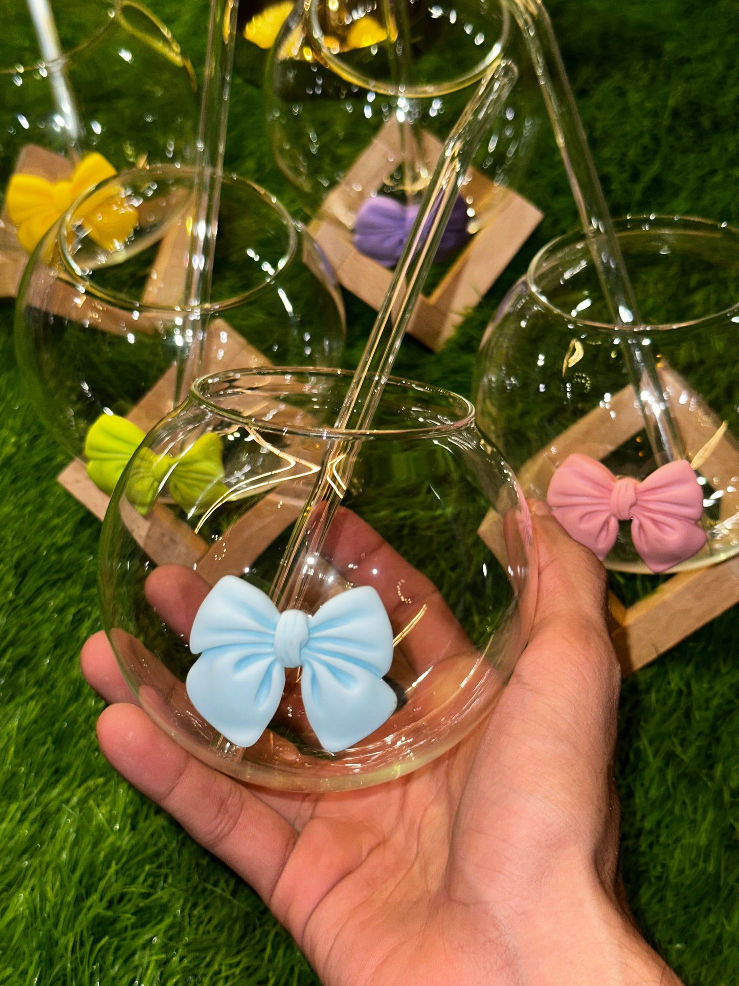 Bow Glass Cup with Straw & Wooden Stand | Daily Clink