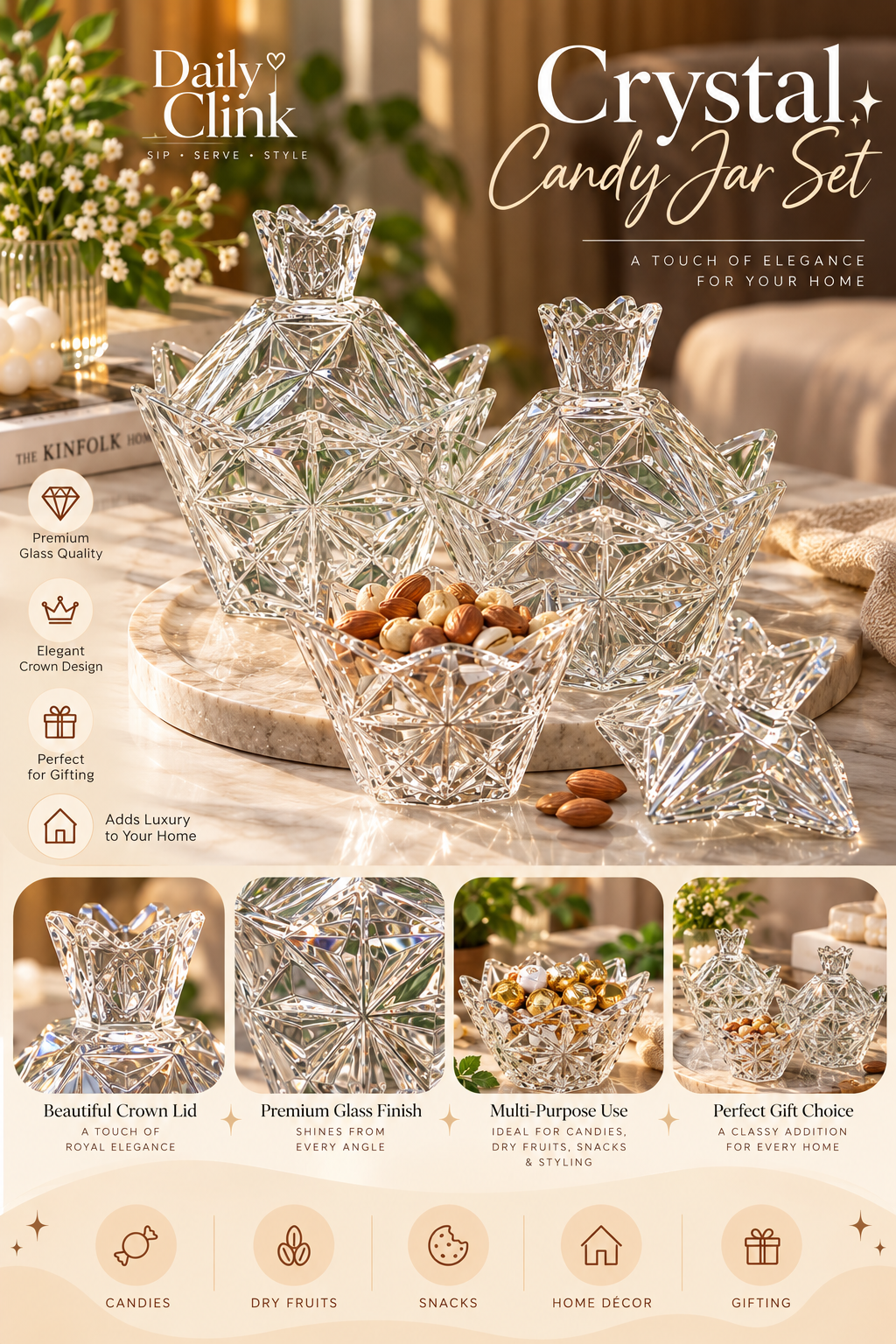 Crystal Cut Iridescent Glass Candy Jar with Crown Lid | Daily Clink