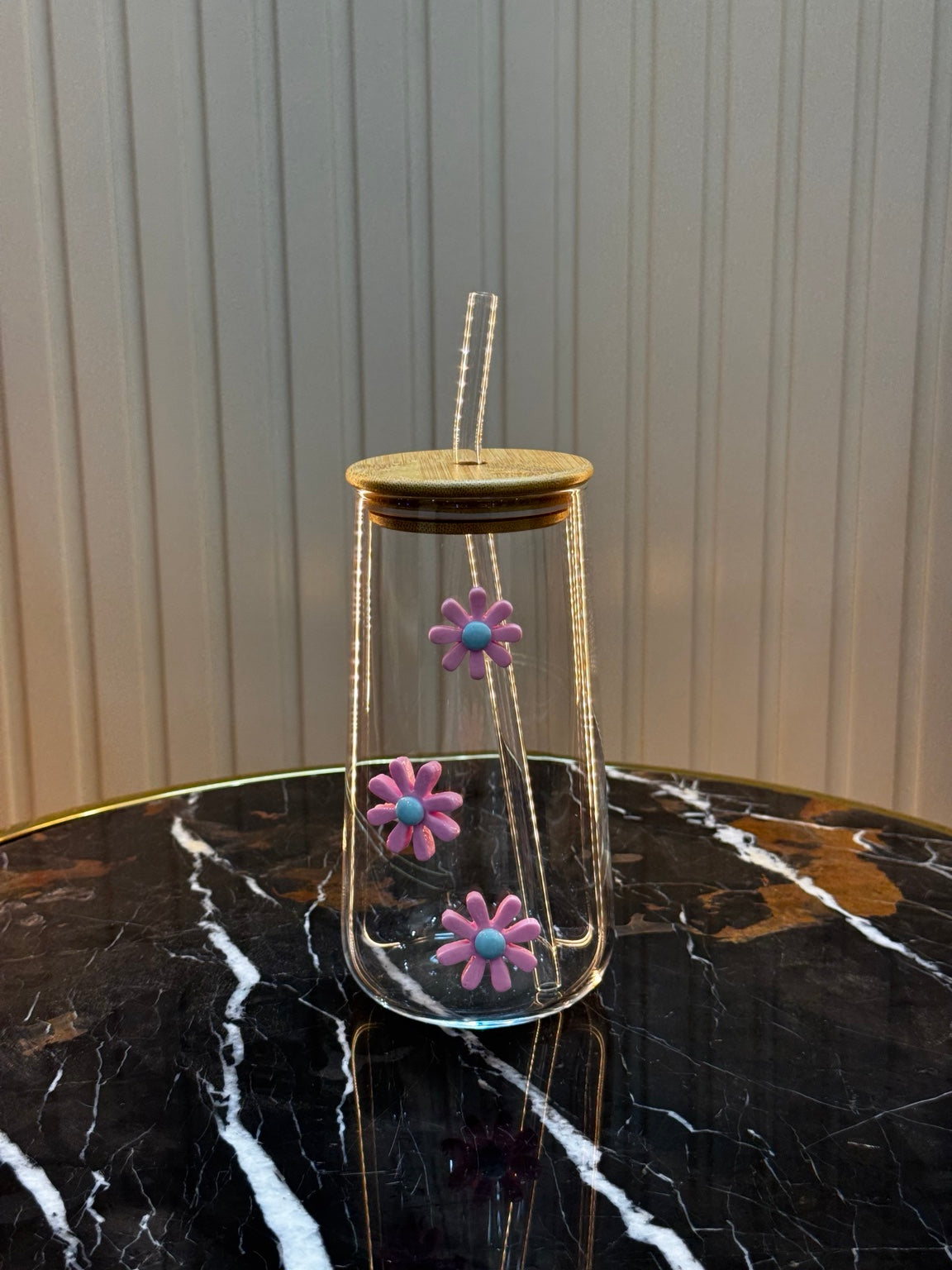 Cute Floral Glass Sipper with Bamboo Lid & Straw | Daily Clink 🌼