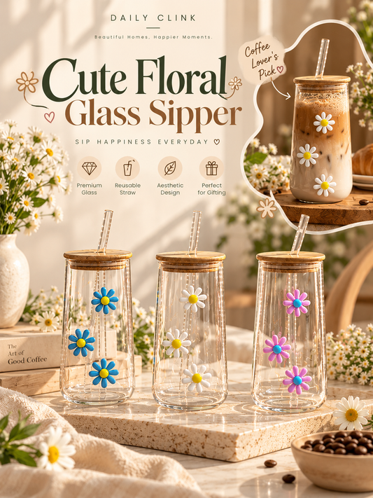 Cute Floral Glass Sipper with Bamboo Lid & Straw | Daily Clink 🌼